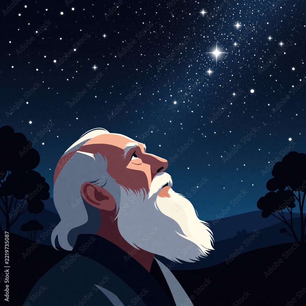 Fototapeta premium Elderly man with white beard looks up at bright starry night sky. Wise old person contemplates universe, cosmos in dark outdoors. Art shows lonely senior man watching stars, constellations above
