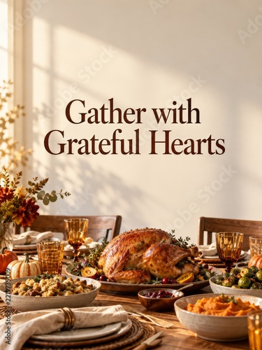 Thanksgiving Turkey Dinner with Grateful Hearts Lettering in Warm Sunlight