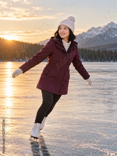 Woman Ice Skating on a Frozen Mountain Lake in Warm Evening Sunlight