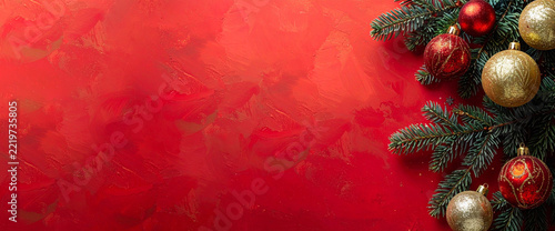 Red Christmas background with a Christmas tree and holiday decor. Greeting banner.