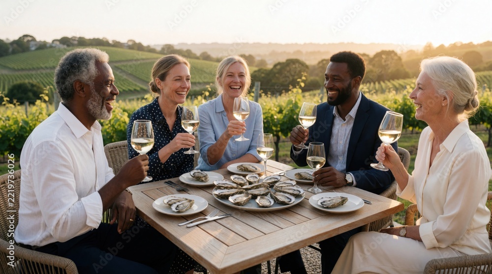 Naklejka premium Diverse group of happy friends enjoy white wine, fresh oysters on vineyard terrace at sunset. Elegant people laugh, drink during summer wine tasting tour. Group celebrates friendship with seafood