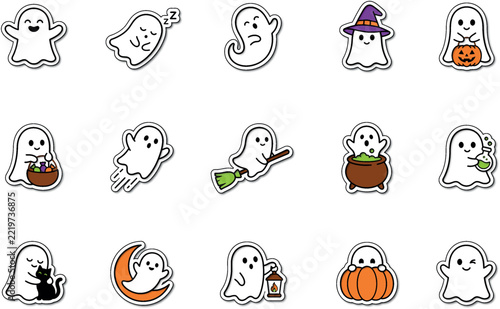 A festive halloween color sticker cute ghost bundle collection on white background featuring various spooky characters for holiday party decoration