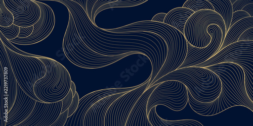 Luxury abstract wave pattern with elegant golden lines, flowing curves, clouds background, Japanese, Art Deco elements. Premium wallpaper, cards, graphic design, fancy curve card