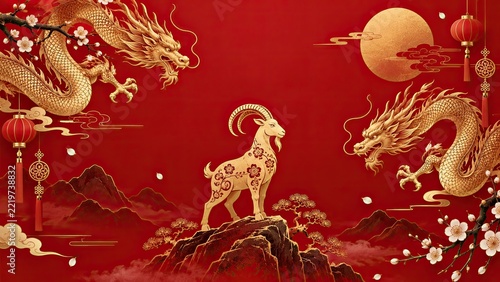 Traditional Chinese-inspired red and gold illustration featuring a goat on a mountain between two dragons, with a moon, lanterns, blossoms, and clouds.