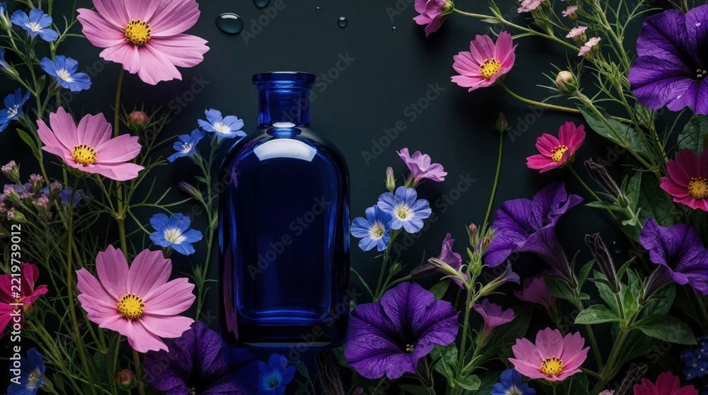 Fototapeta premium Blue glass bottle sits among colorful flowers on dark background. Pink cosmos, purple petunias surround cosmetic product. Top view flat lay of floral arrangement for organic skincare, perfume,