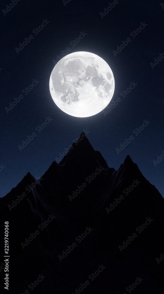Fototapeta premium Large full moon shines bright above dark mountain peaks at night. Huge glowing lunar sphere hangs over black silhouette landscape. Night sky background with celestial light. Calm peaceful atmosphere