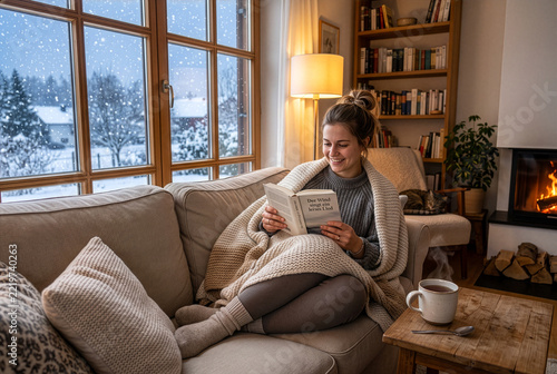 Woman enjoying cozy winter evening reading book by fireplace