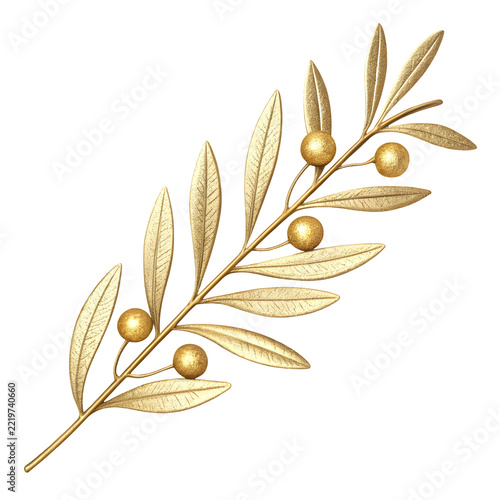 Golden Olive Branch: An elegant golden olive branch, symbolizing peace and victory, with textured leaves and berries, presented as a stylized emblem.