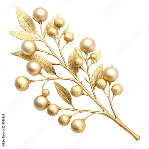 Golden Botanical Wonder: An elegant golden branch adorned with small spheres and leaves, suggesting a festive or decorative element.