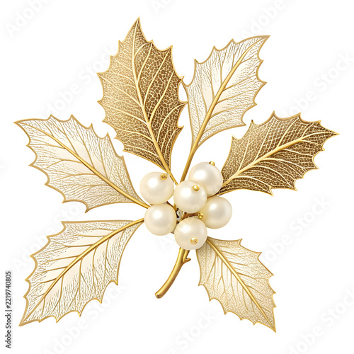 Golden Holly Leaf with Pearls Brooch: An exquisite golden holly leaf brooch adorned with lustrous pearls, evoking a sense of timeless elegance and festive charm.