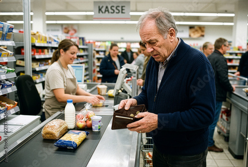 Senior man checking wallet for money at supermarket checkout