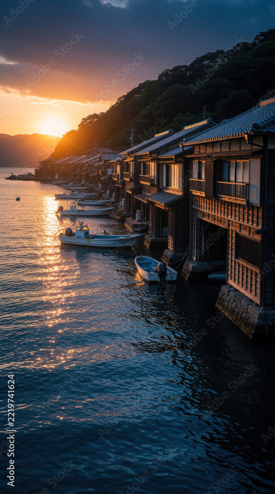 Fototapeta premium Traditional wooden houses sit along waterfront at sunset. Fishermen homes feature boathouses on ground floor for easy boat access. Small boats float near docks in calm sea. Scenic coastal village