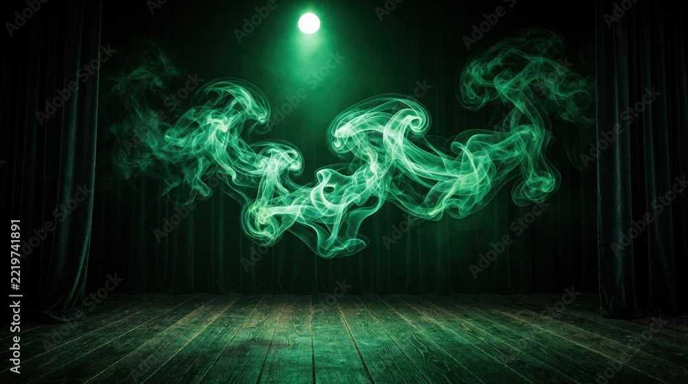 Naklejka premium Vibrant green smoke swirls in mid air on dark wooden stage. Single bright spotlight illuminates neon vapour clouds above empty floor. Dramatic atmosphere with mystery, magic mood for theater