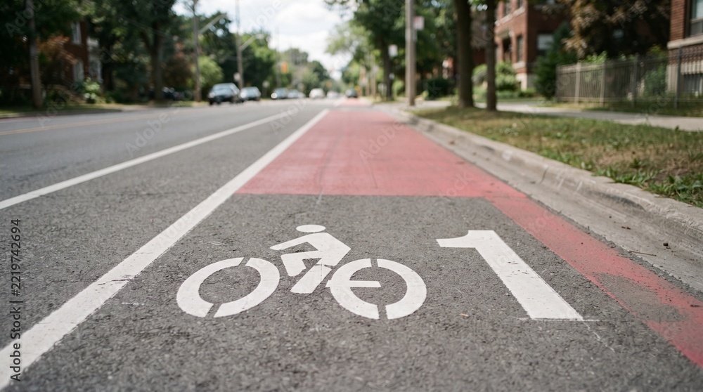 Obraz premium Dedicated bicycle lane painted in bright red and white on urban asphalt road surface during daylight hours