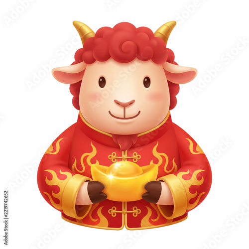 Cartoon goat holding a golden ingot and wearing a red outfit  