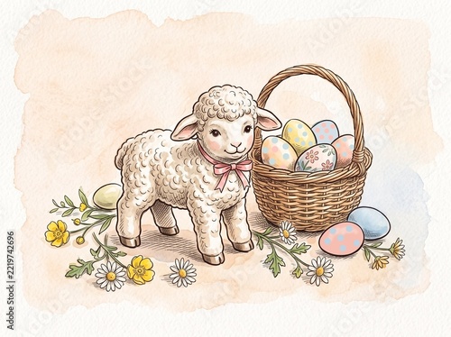 Lamb figurine with Easter eggs in a decorative basket  