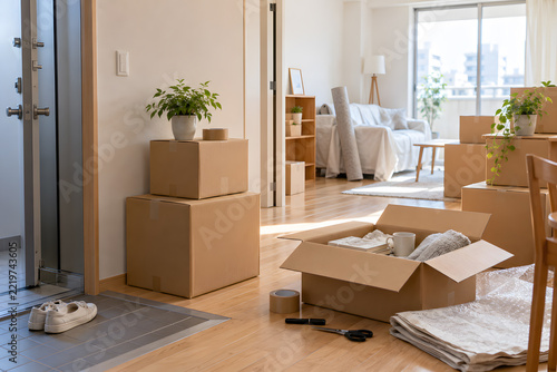 玄関から見た引っ越し荷造り中の明るい住まい