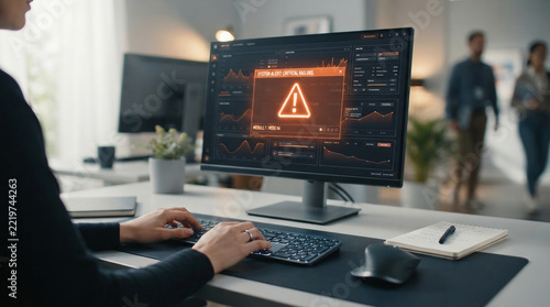 Woman's hands typing on a keyboard with a warning alert on a computer screen in a modern office setting