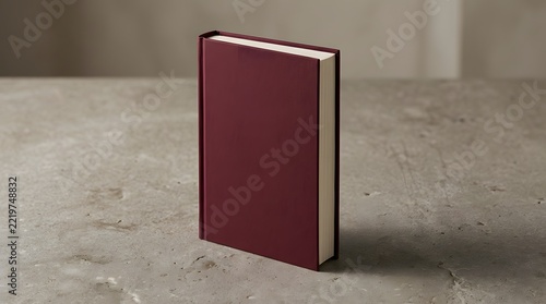 A high quality professional book mockup featuring a standing dark red hardcover book on a textured grey concrete surface