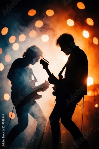 Two guitarists play electric instruments on stage during live concert. Silhouettes of musicians perform amid orange bokeh lights, smoke haze. Energetic rock band show with bright stage lighting, warm
