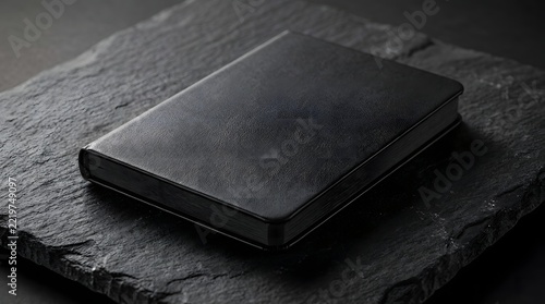 A high quality professional book mockup featuring a sleek black hardcover journal resting on a dark textured stone surface