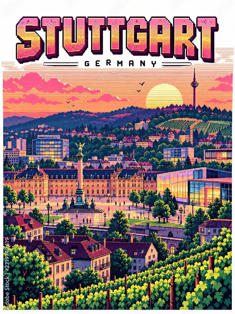 Naklejka premium Stuttgart neon pixel art travel poster shows the German city skyline, vineyards, and historic architecture beneath a vivid sunset.