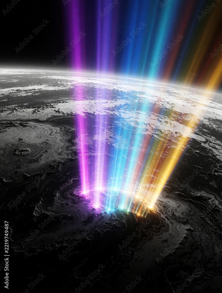 Fototapeta premium Vibrant rainbow light beams pierce through dark atmosphere onto Earth surface. Colorful glowing rays shine down on textured planet landscape from space. Dramatic celestial light show creates bright