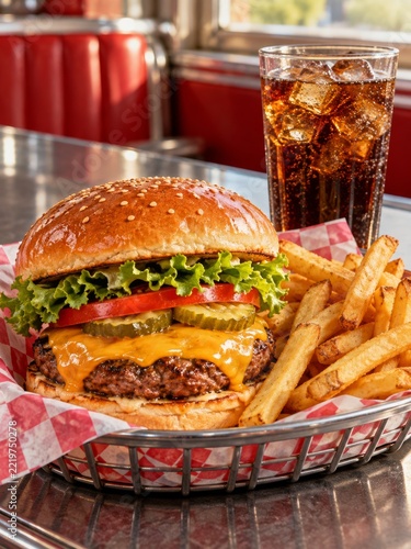 Juicy Cheeseburger with Golden Fries and Iced Cola on a Classic Diner Counter
