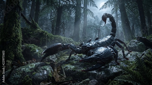 Prehistoric Pulmonoscorpius giant scorpion on a mossy rock in a dark moonlit Carboniferous forest, 3D paleoart.