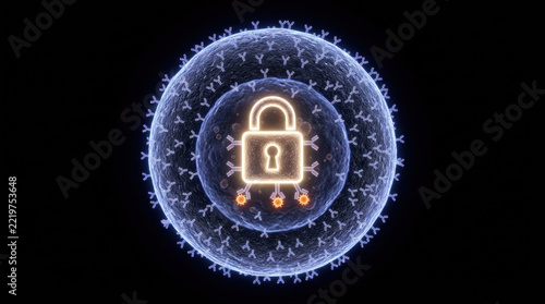 Vaccine research concept showing immune cell protection with lock symbol representing security and defense against virus infection medical science