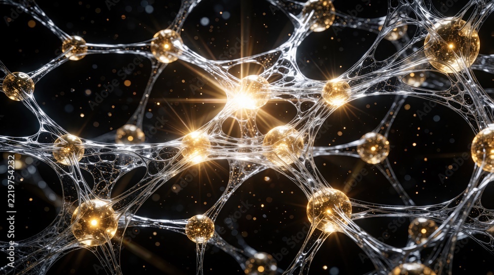 Fototapeta premium Abstract digital mesh with glowing golden spheres connected by bright fluid lines. High tech network pattern features luminous nodes, sparkling particles in dark space. Concept of artificial