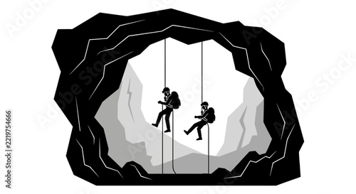 Two climbers descending ropes in stylized cave vector illustration with transparent background