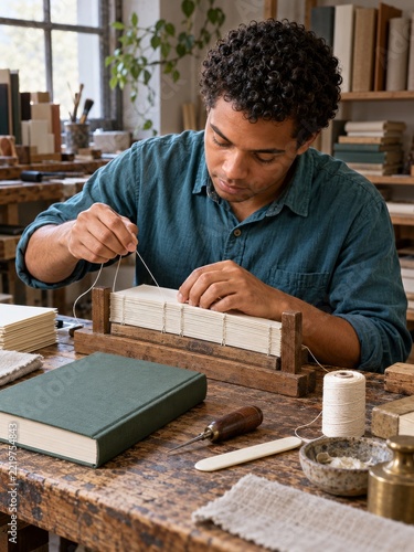 Young Bookbinder Sewing Paper Sections at a Worn Wooden Workshop Bench
