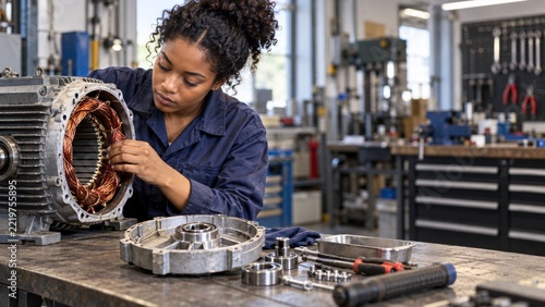 Female technician inspecting copper windings inside an opened electric motor