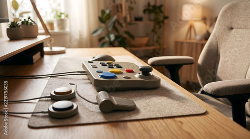 Ergonomic gaming setup with controller and specialized input devices on wooden desk in a cozy room