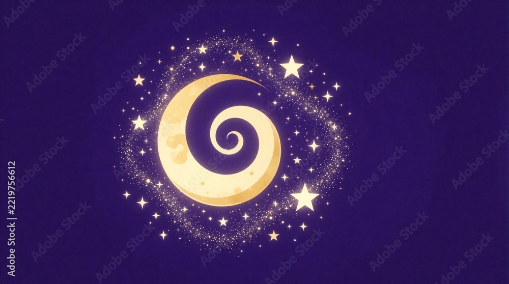 Fototapeta premium Stylized spiral moon icon with golden stars, stardust on deep purple background. Celestial cosmic art features glowing swirl shape, shining sparkles. Dreamy mystical galaxy design for astrology magic