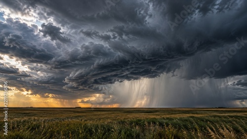 Dramatic Storm Clouds and Distant Rain Shafts above an Open Prairie