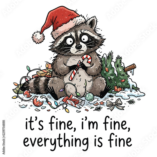 Funny illustration of a stressed raccoon wearing a santa hat during the chaotic christmas holiday season