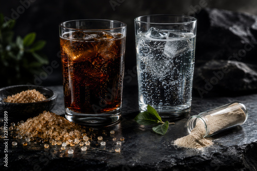 Two ice-filled tumblers??one dark amber soda and one bubbling clear soda??stand on black slate beside sparkling sugar crystals, beige powder, green leaves, and an overturned vial.