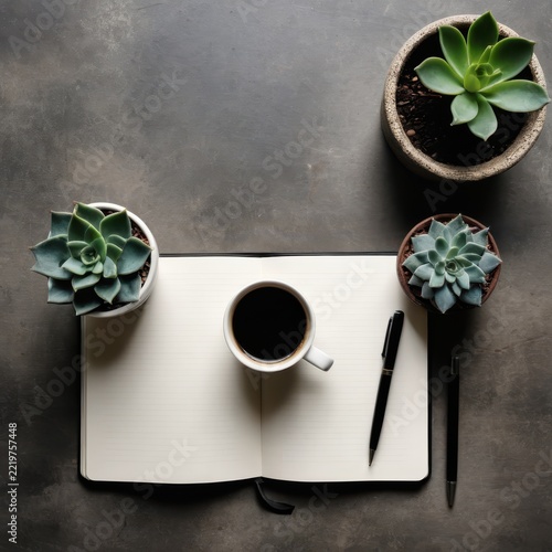 Minimalist workspace with potted succulents, open notebook, coffee mug, and pens on grey surface