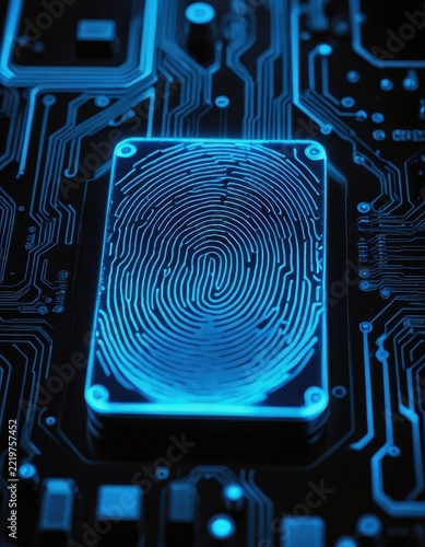 Digital fingerprint on electronic circuit board with security and technology theme