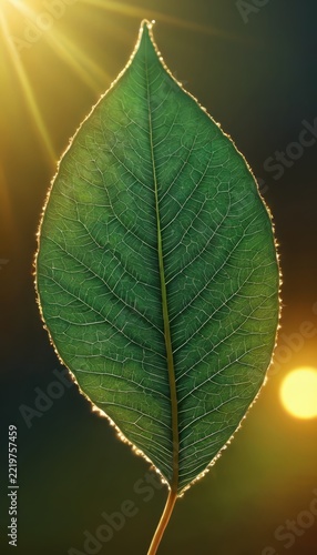 Close-up of a vibrant green leaf with sunlight backlighting and dew edges