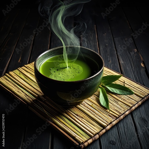 Hot Bubble Tea with Green Matcha Powder on Dark Wooden Surface