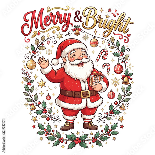 Vintage style merry and bright christmas illustration featuring a cheerful santa claus surrounded by festive holiday decorations
