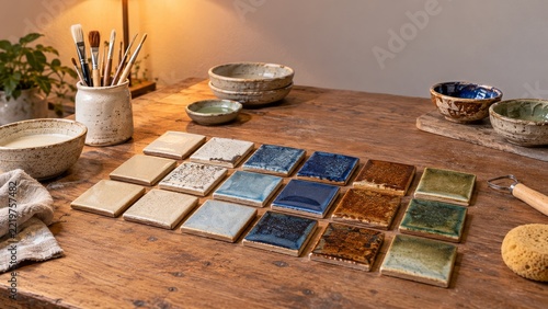 Unlettered ceramic glaze test tiles arranged on a warm wooden studio table