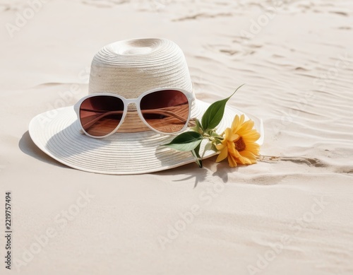 Elegant wide-brimmed sun hat with sunglasses and yellow flower on sandy beach