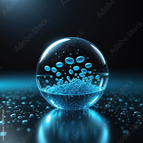Transparent glass sphere with glowing blue bubbles suspended inside on reflective surface