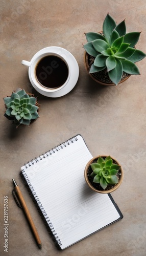 Stylish Top View of Coffee Cup Succulents and Notebook on Surface