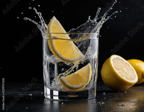 Fresh Lemon Slices Splash in Clear Glass Water with Two Whole Lemons on Dark Surface