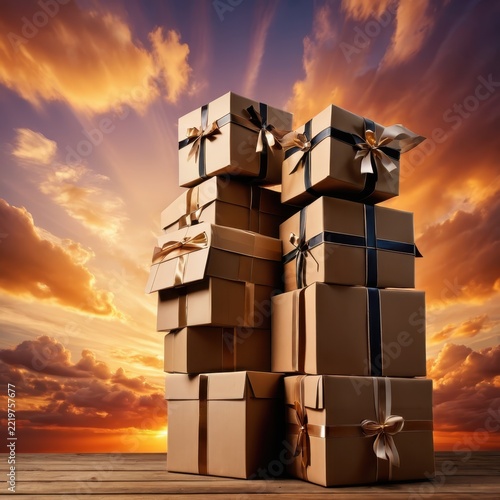 Celebration of Gift Giving with Gold Wrapped Boxes and Ribbons at Sunset